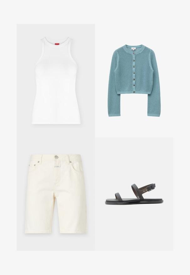 Gilet en maille bleu clair à manches longues, col rond et sept boutons marron sur le devant, fabriqué dans un tissu à la texture ajourée.; Débardeur côtelé blanc sans manches avec col montant et coupe ajustée, présenté sur un fond clair uni.; CLOSED JINNIE - Short - white; Sandale plate noire avec deux brides, une sur les orteils et une bride ajustable avec boucle autour de la cheville, design simple.