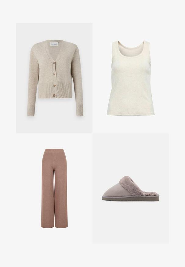 CLOSED V NECK - Kardigán - beige; Bezrukávový krémový rebrovaný pletený top s širokými ramennými popruhmi a okrúhlym výstrihom, navrhnutý pre bežné nosenie.; Hnedé pletené nohavice s širokými nohavicami a textúrovanou tkaninou, s elastickým pásom a voľným strihom pre pohodlie.; Sivé semišové papuče so mäkkou, chlpato-svetlosivou kožušinou vo vnútri. Uzatvorený dizajn a flexibilná, štruktúrovaná podrážka pre lepšiu priľnavosť.