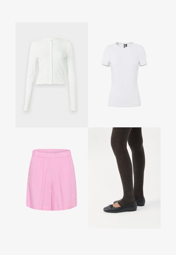 Valge pikakä sleeves ribiga lühike topp, ümmarguse kaelusega ja nööbiga kinnitusega. Omab lainelist äärestust ja keha lähedast siluetti.; Valge, lühikeste varrukatega vormis ümar kaelusega t-särk nähtava sisemise krae sildiga, esitatud ühevärvilisel taustal.; Roosa puuvillane lühike püksid elastse vöökoha ja lõdva lõikega, sileda tekstuuriga, sobivad mugavaks igapäevaseks kandmiseks.; Jalad seljas tumedad soonelises soonelises kombines mustade baleriinadega, millel on väikesed paelade detailid valgel taustal.