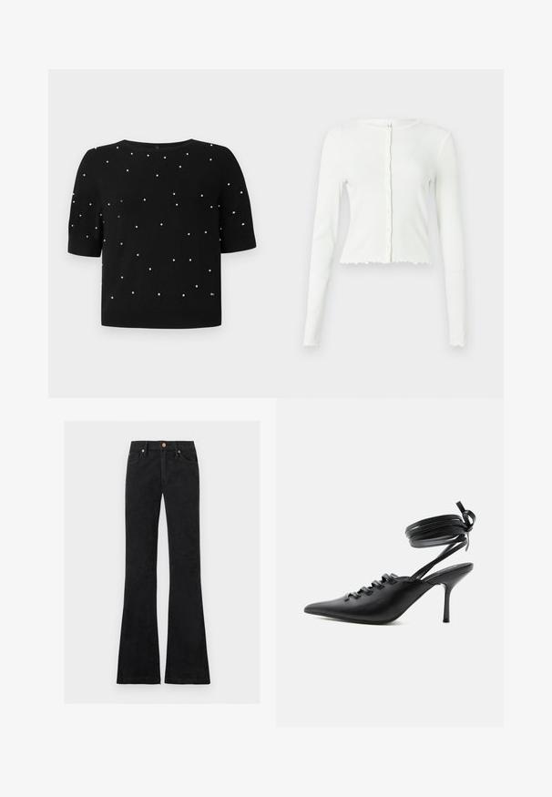 Crop top blanc à manches longues en ribbed avec un col rond et une fermeture à boutons. Présente un ourlet festonné et une silhouette ajustée.; Pull noir à manches courtes avec un col rond et des accents en perles blanches dispersées sur le devant. Tissu tricoté avec une texture lisse.; Jean noir taille haute avec jambes évasées, fermeture devant par bouton et zip, et design à cinq poches.; Chaussure à talon haut noire à bout pointu avec laçage à l'avant et brides enroulées autour de la cheville nouées en nœud, vue de côté sur fond blanc.