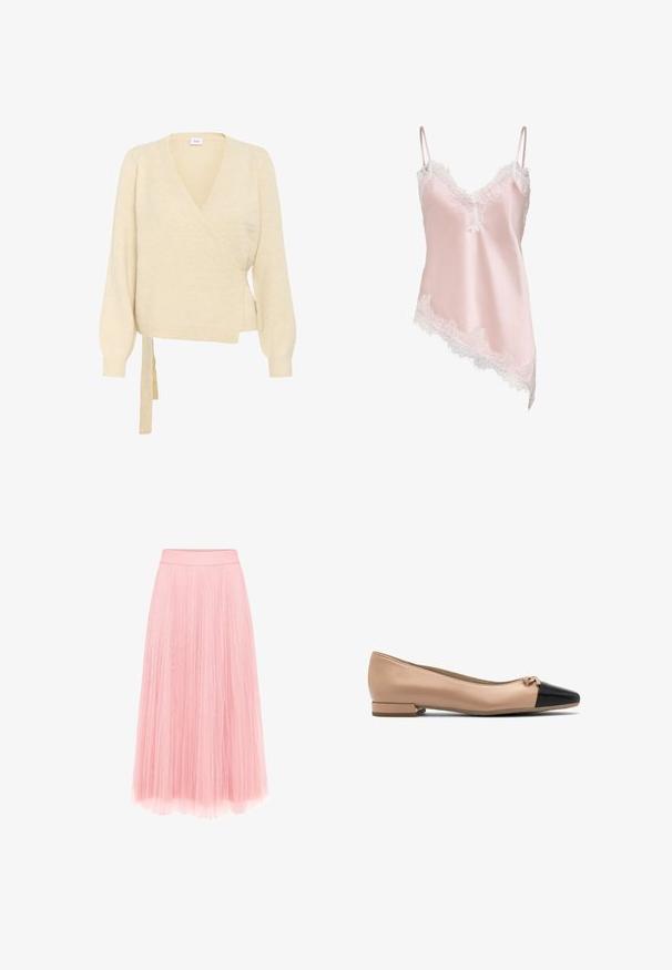 Saint Tropez LARNASZ WRAP - Cardigan - fog; Lyserød satin camisole med hvid blondertrim langs V-udskæringen, kant og tynde justerbare skulderstropper, med asymmetrisk kant.; zero MIT PLIESSENDEM BECHER - Pliceret nederdel /Nederdele med folder - bridal rose; Beige læder balletflade med en sort kappe og lille sløjfe detalje foran, med en lav blokhælcirkler for støtte.