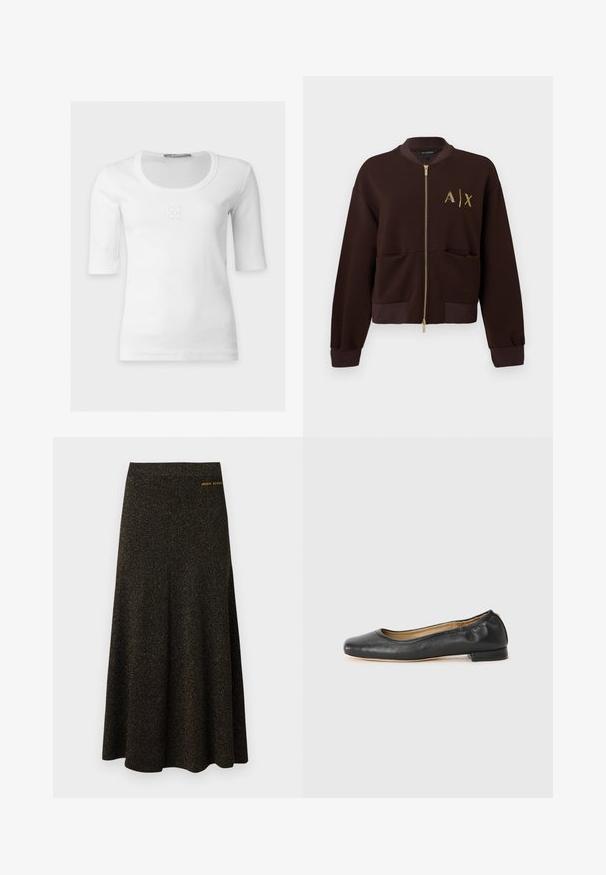 Blouson bomber marron zippé avec poignets et ourlet côtelés, poches avant et logo jaune "A|X" sur la poitrine gauche.; Top blanc côtelé à manches courtes avec col rond et motif délicat embossé sur la poitrine.; Jupe midi noire en ligne A avec un subtil éclat doré et un petit logo doré "Armani Exchange" près de la taille côté droit.; Ballerines en cuir noir avec un bout arrondi et des coutures minimales. Talon bas et rectangulaire avec une texture lisse. Détails subtils de doublure intérieure.