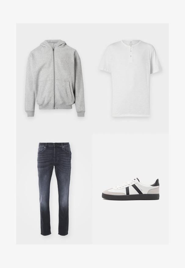 Lys grå zip-up hættetrøje med frontlommer, ribbede manchetter, nederste kant og fastgjort hætte på hvid baggrund.; Hvid kortærmet henley t-shirt med tre-knaps placket, lavet af letvægtigt, let struktureret stof. Rund halsudskæring, afslappet pasform.; Mørkegrå denim jeans med et klassisk lige ben-design, der har forlommer, lynlåsgylp med knaplukning og subtile falmninger.; Hvide sneakers med sorte og grå detaljer, med en tekstureret grå tåhætte, sort gummisål og flade hvide snørebånd. Rent design, minimalistisk stil.