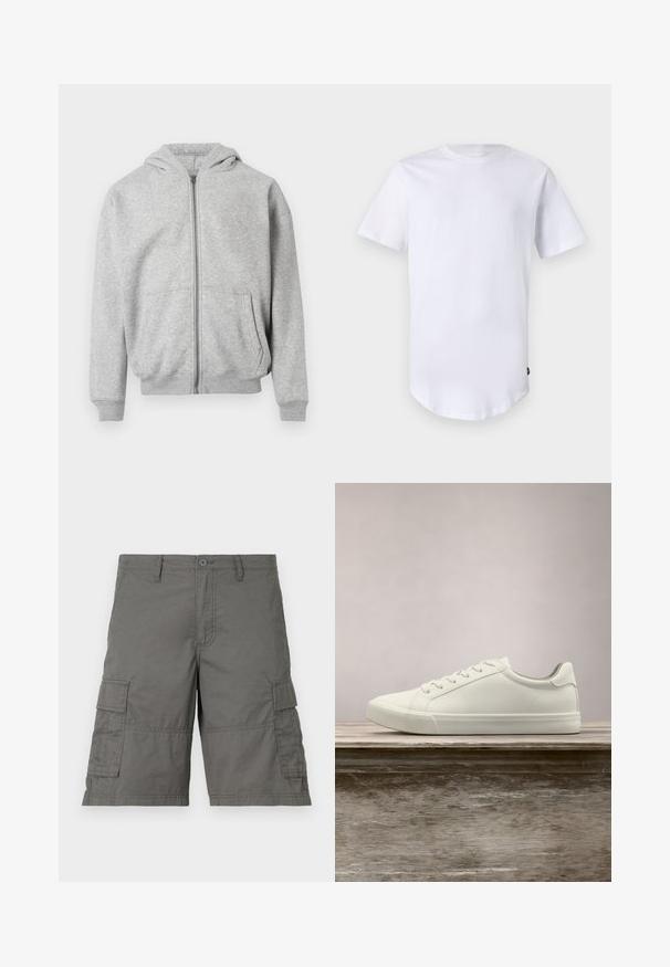 Sweat à capuche zippé gris clair avec poches frontales, poignets côtelés, ourlet et capuche attachée sur fond blanc.; T-shirt blanc à manches courtes en coton. Design à col rond avec un ourlet arrondi. Étiquette visible sur le côté inférieur gauche. Texture lisse.; Shorts cargo gris avec fermeture à bouton, plusieurs poches latérales et détails de couture. Fabriqués en tissu léger et durable.; Sneaker en dentelle blanche flottant au-dessus d'un banc en bois avec un feuillage vert en arrière-plan, mettant en valeur le design et la texture de la chaussure.