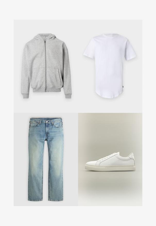 Sweat à capuche zippé gris clair avec poches frontales, poignets côtelés, ourlet et capuche attachée sur fond blanc.; T-shirt blanc à manches courtes en coton. Design à col rond avec un ourlet arrondi. Étiquette visible sur le côté inférieur gauche. Texture lisse.; Jean denim bleu clair avec une coupe droite. Comprend cinq poches, un bouton en métal et des surpiqûres orange. Finition délavée.; Baskets blanches basses à lacets sur l’avant et semelle épaisse, vues de côté sur un fond neutre.