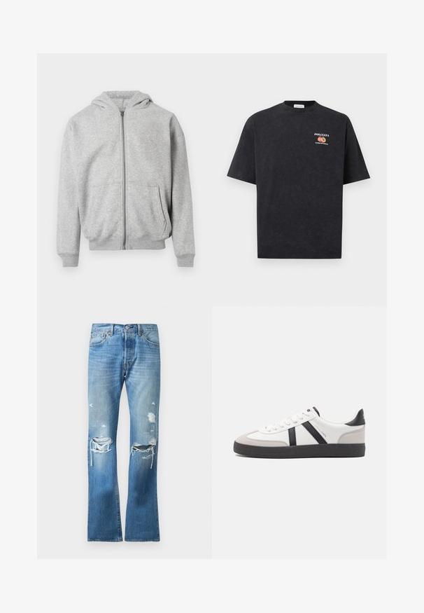 Sweat à capuche zippé gris clair avec poches frontales, poignets côtelés, ourlet et capuche attachée sur fond blanc.; T-shirt noir à manches courtes avec petit texte "DOLCEZZA" et illustration de pêche sur le côté gauche de la poitrine.; Jeans en denim bleu à jambe droite avec un délavage usé et plusieurs déchirures sur les deux genoux et les cuisses supérieures.; Baskets blanches avec des accents noirs et gris, présentant un embout texturé gris, une semelle en caoutchouc noir et des lacets plats blancs. Design épuré, style minimaliste.