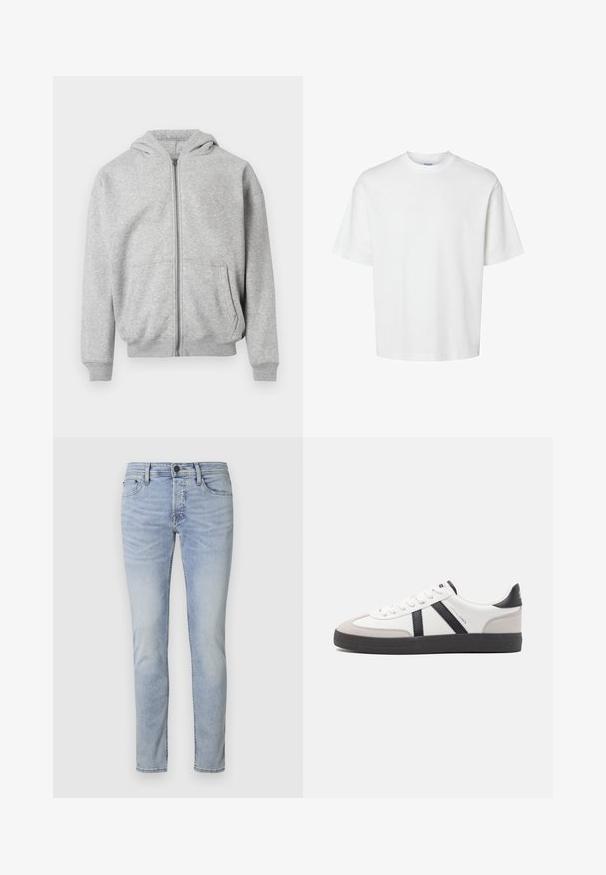 Lys grå zip-up hættetrøje med frontlommer, ribbede manchetter, nederste kant og fastgjort hætte på hvid baggrund.; Enkel hvid t-shirt med korte ærmer, rund hals og løs pasform vist på hvid baggrund.; Lyseblå denimjeans med slim fit, femlommesdesign og lynlås. Har subtil fading og syet detaljering langs sømmene.; Hvide sneakers med sorte og grå detaljer, med en tekstureret grå tåhætte, sort gummisål og flade hvide snørebånd. Rent design, minimalistisk stil.