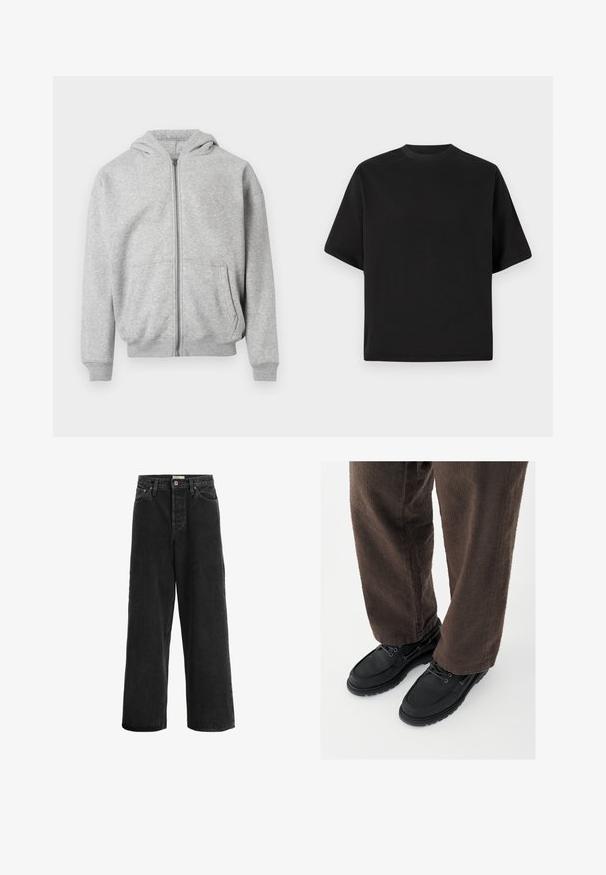 Sudadera con cremallera de color gris claro, con bolsillos delanteros, puños y dobladillo acanalados, y capucha adjunta sobre un fondo blanco.; Camiseta negra de manga corta en un corte holgado, hecha de algodón suave, con cuello redondo y un diseño minimalista.; Jeans de pierna ancha negros fabricados en denim. Presentan una cintura alta, dos bolsillos frontales, un cierre con botón y detalles de costura sutiles.; Zapatos de cuero negro con un acabado liso, punta redondeada y diseño con cordones, combinados con pantalones marrones texturizados. Vista desde abajo.