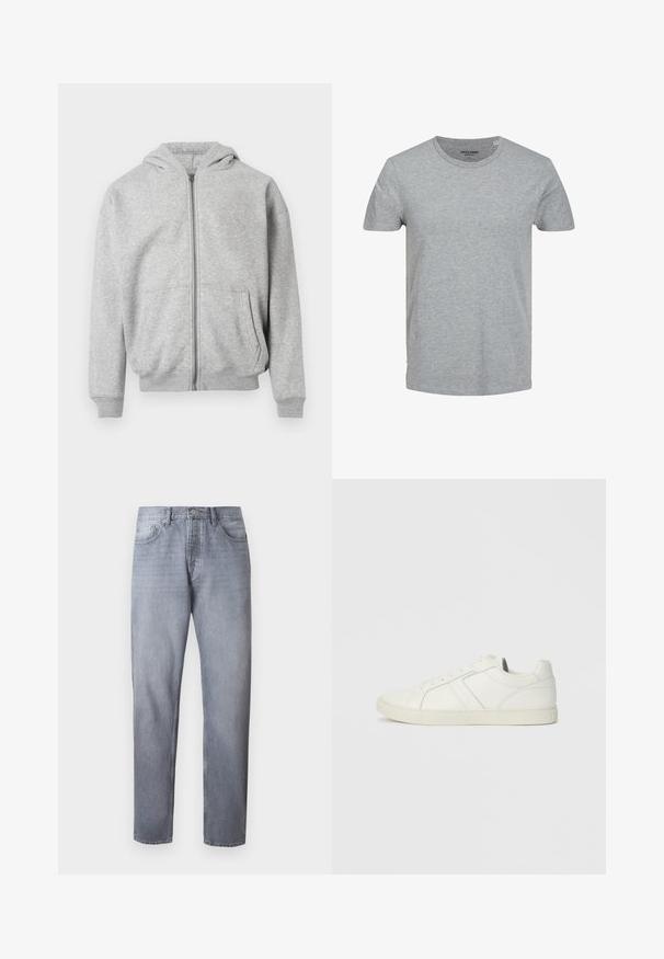 Sweat à capuche zippé gris clair avec poches frontales, poignets côtelés, ourlet et capuche attachée sur fond blanc.; T-shirt gris à manches courtes en coton doux. Doté d'un col ras du cou classique et d'une coupe régulière. Design simple sans motifs ni accents.; Jean en denim bleu clair avec une coupe à jambes droites, cinq poches et une fermeture par bouton. Le tissu a une texture lisse avec une finition délavée.; Baskets blanches en cuir montantes basses avec fermeture à lacets et semelle en caoutchouc plate, vues du côté intérieur sur un fond uni.