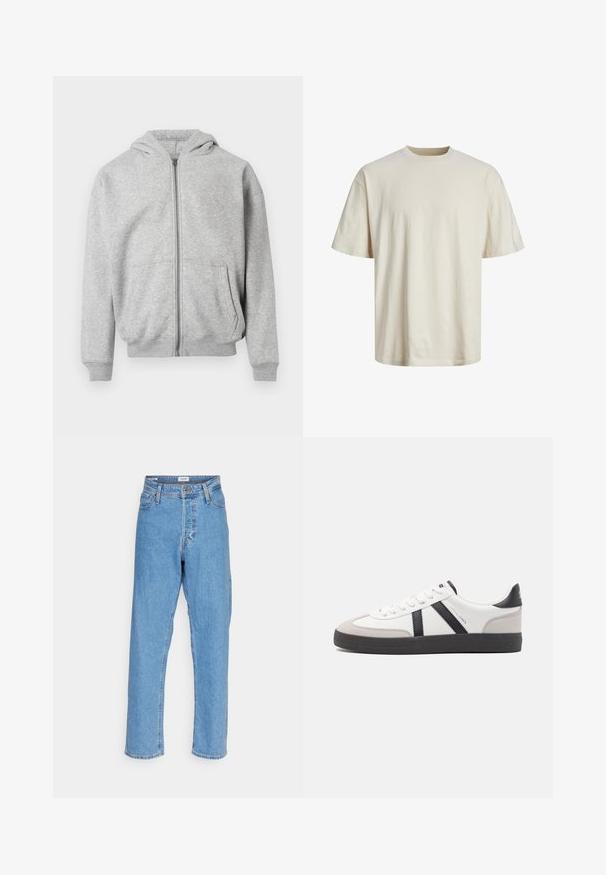 Lys grå zip-up hættetrøje med frontlommer, ribbede manchetter, nederste kant og fastgjort hætte på hvid baggrund.; Crewneck bomulds t-shirt i off-white, med korte ærmer, afslappet pasform og en glat, let tekstur.; Lyseblå højtaljede lige ben jeans med knap foran, lynlåslukning, bæltestropper og fem-lomme design på hvid baggrund.; Hvide sneakers med sorte og grå detaljer, med en tekstureret grå tåhætte, sort gummisål og flade hvide snørebånd. Rent design, minimalistisk stil.