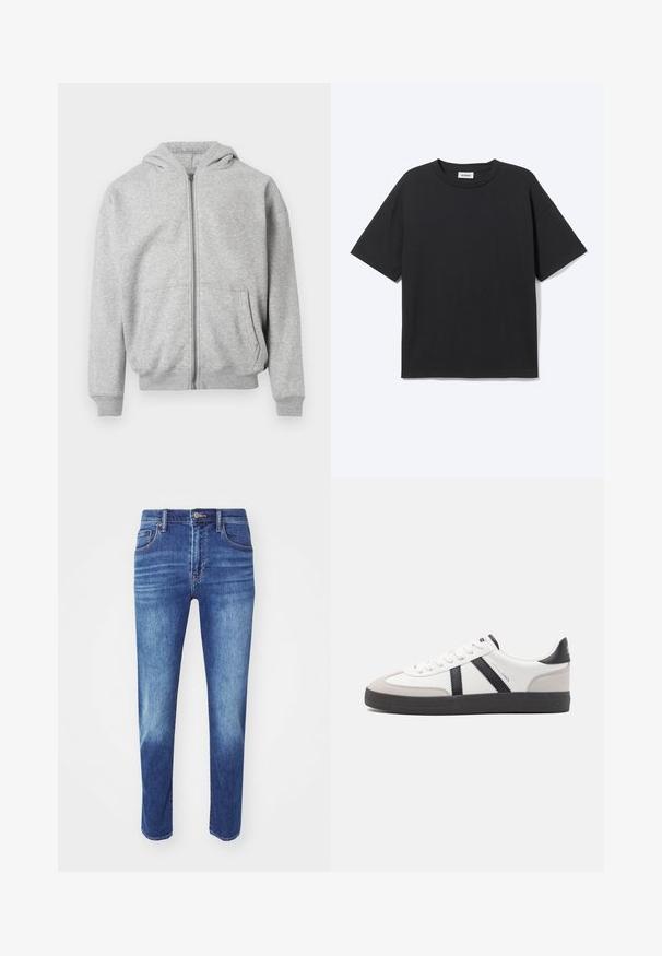 Lys grå zip-up hættetrøje med frontlommer, ribbede manchetter, nederste kant og fastgjort hætte på hvid baggrund.; Sort T-shirt med korte ærmer og rund hals med afslappet pasform, forfra, ensfarvet design og synligt Weekday-mærke inde i kraven.; Blå denimjeans med lige skæring, fem-lomme design og klassisk knaplukning. Har subtil fading og broderede detaljer.; Hvide sneakers med sorte og grå detaljer, med en tekstureret grå tåhætte, sort gummisål og flade hvide snørebånd. Rent design, minimalistisk stil.