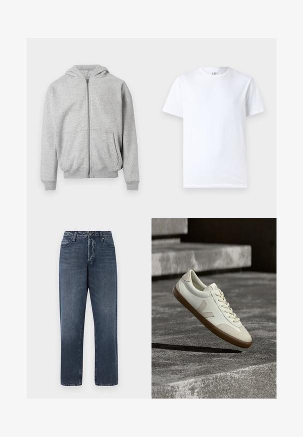 Lys grå zip-up hættetrøje med frontlommer, ribbede manchetter, nederste kant og fastgjort hætte på hvid baggrund.; Hvid bomulds t-shirt med rund halsudskæring og korte ærmer. Enkel design uden mønstre eller grafik, med GAP branding på kraven.; Jack & Jones Loose-fit JJIEDDIE JJORIGINAL SQ 227 - Baggy jeans - blue denim; Hvide læder sneakers med tanfarvet gummisål, flade snørebånd og V-formet detalje på siden. Har en glat overflade og minimale syninger.