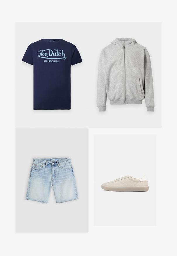 Sweat à capuche zippé gris clair avec poches frontales, poignets côtelés, ourlet et capuche attachée sur fond blanc.; T-shirt bleu marine à manches courtes avec logo "Von Dutch" bleu clair et texte "California" sur le devant.; Shorts en denim bleu clair à coupe droite, dotés de cinq poches et de surpiqûres orange. Texture lisse avec un léger effet délavé.; Baskets en daim beige avec une tige texturée, un contrefort de talon blanc lisse, de fines lacets et une semelle extérieure en caoutchouc. Présente un design bas profil.