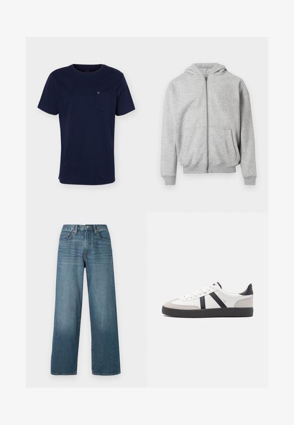 Lys grå zip-up hættetrøje med frontlommer, ribbede manchetter, nederste kant og fastgjort hætte på hvid baggrund.; Marineblå T-shirt med korte ærmer og rund halsudskæring med en brystlomme med et lille logo på en ensfarvet baggrund.; Bredde ben mørkeblå denim jeans med knaplukning, bæltestropper og en falmet struktur. Har fem lommer og kontrastsyninger.; Hvide sneakers med sorte og grå detaljer, med en tekstureret grå tåhætte, sort gummisål og flade hvide snørebånd. Rent design, minimalistisk stil.