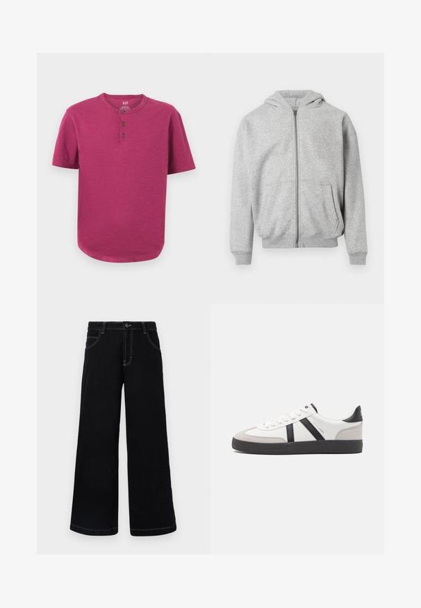 Hellgrauer Reißverschluss-Hoodie mit Fronttaschen, gerippten Bündchen, Saum und angenommener Kapuze auf einem weißen Hintergrund.; Kurzarm-Henley-Shirt in einem lebhaften Magenta-Ton. Mit Rundhalsausschnitt, Drei-Knopf-Leiste und leicht abgerundetem Saum. Weiche Textur.; Schwarze weit geschnittene Jeanshose aus Denim, mit Knopfverschluss, fünf Taschen und kontrastierendem weißen Nähten entlang der Nähte.; Weiße Sneaker mit schwarz- und grau-aczenten, ausgestattet mit einer strukturierten grauen Zehenkappe, schwarzer Gummi-Sohle und flachen weißen Schnürsenkeln. Sauberes Design, minimalistische Stil.