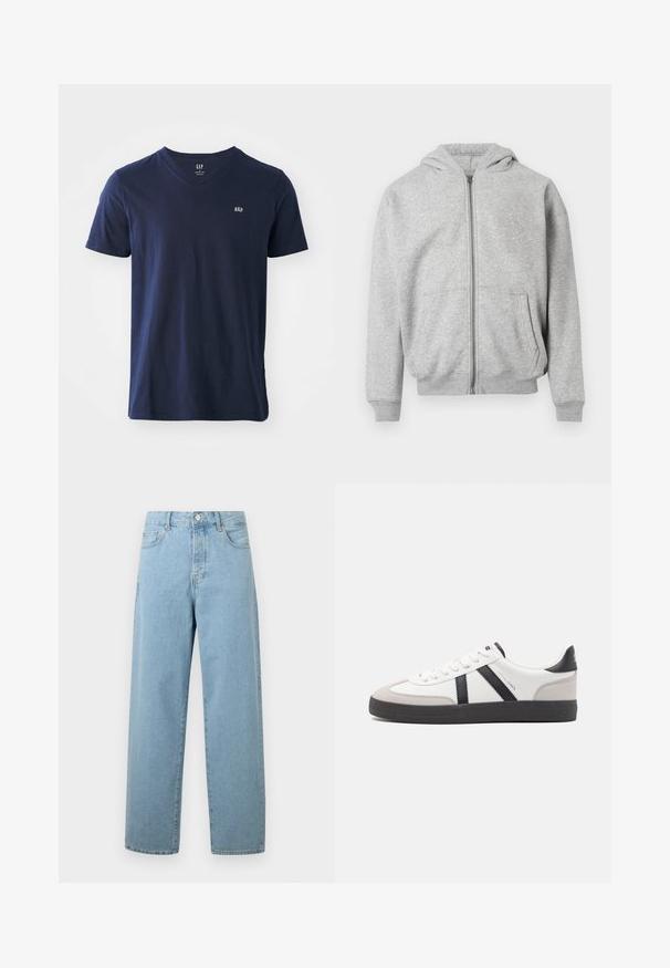 Sweat à capuche zippé gris clair avec poches frontales, poignets côtelés, ourlet et capuche attachée sur fond blanc.; T-shirt en coton bleu marine avec un col en V, des manches courtes et un petit logo brodé sur la poitrine. Texture douce et design décontracté.; Jean large bleu clair en denim, avec une fermeture à bouton à l'avant, un design traditionnel à cinq poches et une coupe décontractée.; Baskets blanches avec des accents noirs et gris, présentant un embout texturé gris, une semelle en caoutchouc noir et des lacets plats blancs. Design épuré, style minimaliste.