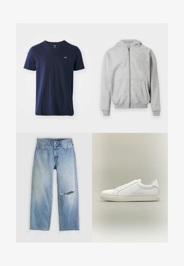 Sweat à capuche zippé gris clair avec poches frontales, poignets côtelés, ourlet et capuche attachée sur fond blanc.; T-shirt en coton bleu marine avec un col en V, des manches courtes et un petit logo brodé sur la poitrine. Texture douce et design décontracté.; Jeans droits bleu clair avec une grande déchirure horizontale au genou droit et des ourlets effilochés sur un fond blanc.; Baskets blanches basses à lacets sur l’avant et semelle épaisse, vues de côté sur un fond neutre.