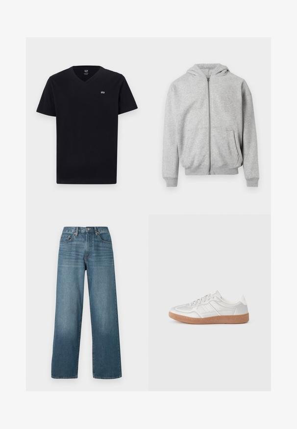 Sweat à capuche zippé gris clair avec poches frontales, poignets côtelés, ourlet et capuche attachée sur fond blanc.; T-shirt en coton noir avec un col en V, des manches courtes et un petit logo brodé blanc sur la poitrine gauche. Texture lisse, coupe classique.; Jean en denim bleu foncé à pattes larges avec fermeture à bouton, passants de ceinture et texture délavée. Comprend cinq poches et des coutures contrastées.; Baskets argentées avec une texture lisse, un design à lacets, des accents perforés et une semelle en caoutchouc marron texturé.