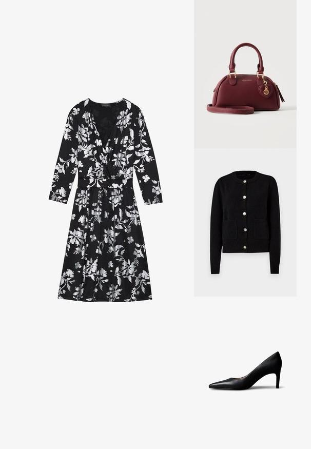 Schwarze Langarm-Strickjacke mit rundem Ausschnitt, fünf dekorativen Knöpfen vorne und zwei aufgesetzten Taschen.; Schwarzes Blumenkleid mit langen Ärmeln, das silberne Blumenmuster, einen V-Ausschnitt und eine taillierte Taille aufweist. Weicher Stoff mit einem fließenden Rock.; Schwarzer Damenpumps aus Leder mit spitz zulaufender Schuhspitze und mittelhohem Absatz, von der Seite auf einem weißen Hintergrund gezeigt.; Bordeauxrote Ledertasche mit doppelten Griffen, goldenem Reißverschluss, abnehmbarem Schulterriemen, herzförmigem Anhänger und "ANNA FIELD"-Logo auf der Vorderseite.