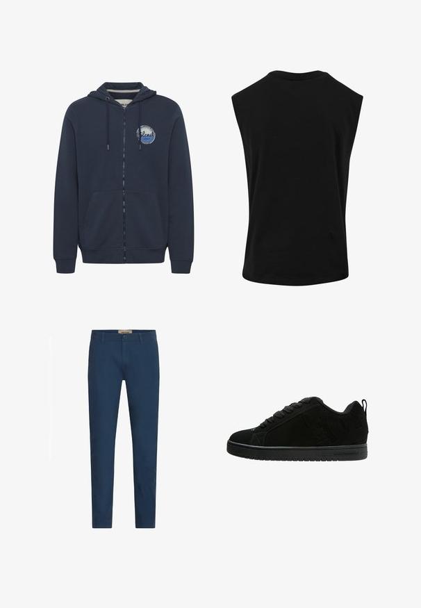 Marine blauwe zip-up hoodie met een kangoeroezak, capuchon met trekkoord en cirkelvormig logo-detail. Zachte katoenen blend met lange mouwen en ribgebreide manchetten.; Zwarte mouwloze top van glad, lichtgewicht materiaal met een ronde halslijn en een losse pasvorm. Geen zichtbare patronen of accenten.; Marineblauwe slim-fit herenbroek met riemlussen, sluiting met knoop aan de voorkant en zijzakken, tentoongesteld tegen een witte achtergrond.; Zwarte suède sneaker met platte veters, ronde neus en textuuraccenten. Voorzien van logo-details aan de zijkant en een rubberen zool.