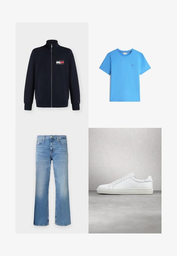Marineblauwe jas met rits, hoge kraag, lange mouwen en een "Hilfiger Est. 1985" logopatch op de linkerborst.; Effen lichtblauw T-shirt met korte mouwen en ronde hals, met klein rechthoekig logo op de linkerborst.; Lichtblauwe denim jeans met een rechte pijpdesign. Heeft vervaagde accenten, vijf zakken en een sluiting met een knoop en rits aan de voorkant.; Witte sneaker met een gladlederen bovenwerk en een laag profiel. Voorzien van een ronde neus, zes vetergaatjes en een gestructureerde rubberen zool.