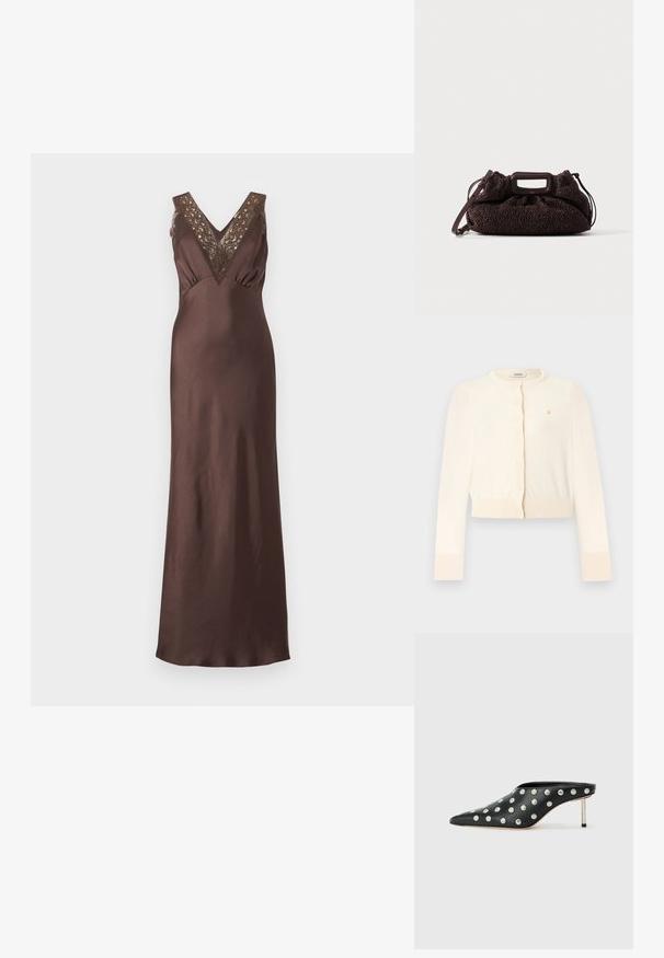 Cardigan court à manches longues crème avec encolure ronde, boutons sur le devant, poignets et ourlet côtelés, et petit logo doré brodé sur la poitrine.; Robe maxi marron en satin sans manches avec un décolleté en V et des détails en dentelle aux épaules et à la poitrine.; STAND STUDIO KELSEY - Mules à talons - black; Sac à main marron foncé texturé avec poignée ajourée rectangulaire et bandoulière amovible sur fond clair uni.
