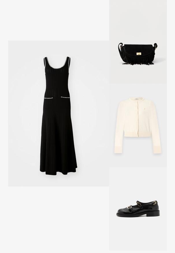 Kremfarvet cropped cardigan med lange ærmer, rund halsudskæring, knapper foran, ribstrikkede ærmekanter og kant, samt et lille gyldent broderet logo på brystet.; Sort strikket kjole med tætsiddende overdel og udskåret skørt. Har hvide perleaccenter langs halsudskæringen og lommer. Struktureret stof.; Sorte lædersko med brogue-detaljer, der har to spænder, rund tå og lav hæl. Glat tekstur med blank finish.; Sort ruskind skuldertaske med guldlås, justerbar rem og frynser langs bundkanten mod en ensfarvet baggrund.