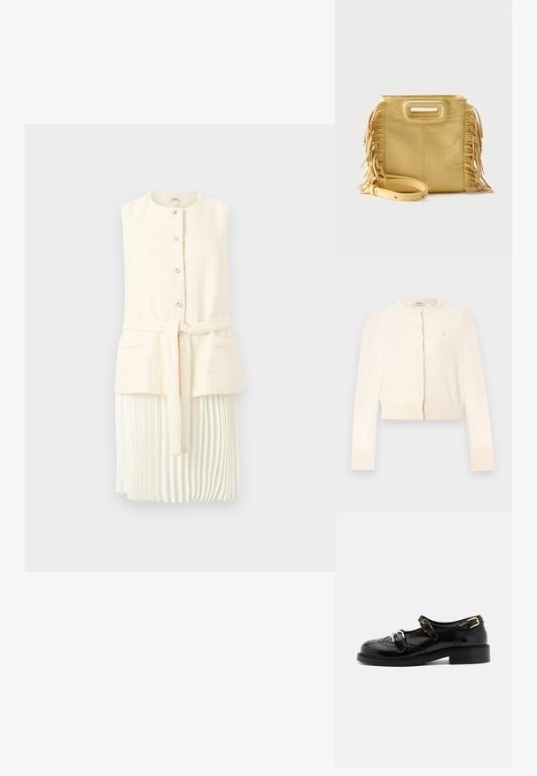 Cardigan court à manches longues crème avec encolure ronde, boutons sur le devant, poignets et ourlet côtelés, et petit logo doré brodé sur la poitrine.; Veste sans manches texturée crème avec boutons sur le devant, ceinture, deux poches, portée sur une jupe midi plissée blanche, présentée sur un fond blanc.; Chaussures en cuir noir avec détails de brogue, dotées de deux sangles à boucle, d'un bout arrondi et d'un talon bas. Texture lisse avec finition brillante.; Sac à main en cuir jaune avec détails à franges sur les côtés, poignée découpée rectangulaire et bandoulière amovible placée à l'avant.