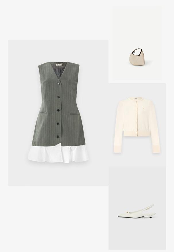 Kremfarvet cropped cardigan med lange ærmer, rund halsudskæring, knapper foran, ribstrikkede ærmekanter og kant, samt et lille gyldent broderet logo på brystet.; Ærmeløs grå pinstribet kjole med sorte knapper fortil og hvid flæsekant mod en ensartet baggrund.; Hvide læder slingback-sko med spidse tå, guld hardware-detaljer og en lav blokhæle. Glat tekstur med udsnit detaljer.; Beige læder håndtaske i halvmåneform med en enkelt skulderrem og minimal syning, sat mod en ensartet hvid baggrund.