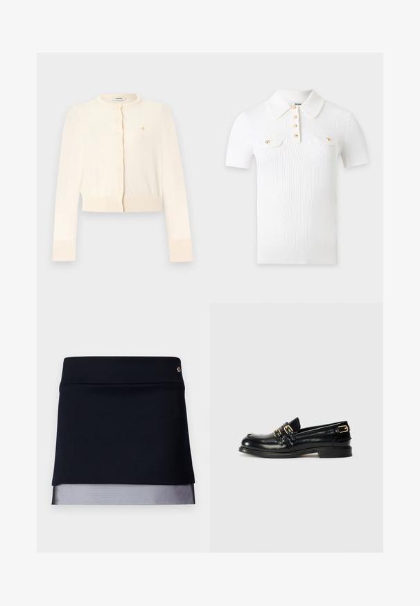 Crèmewitte cropped cardigan met lange mouwen, ronde hals, knopen aan de voorkant, geribbelde manchetten en zoom, en een klein goudkleurig geborduurd logo op de borst.; Wit geribd poloshirt met korte mouwen, een puntkraag, vier gouden knopen aan de voorkant en twee borstzakken met gouden kleppen met knopen.; Zwarte rok met een goed passende tailleband en een doorschijnende mesh onderrand. De stof is soepel met een gestructureerd ontwerp, met een kleine metalen accent.; Zwarte leren instappers met een glanzende afwerking, voorzien van twee gouden gespen en een lage hak. Gladde textuur met een ronde neus.