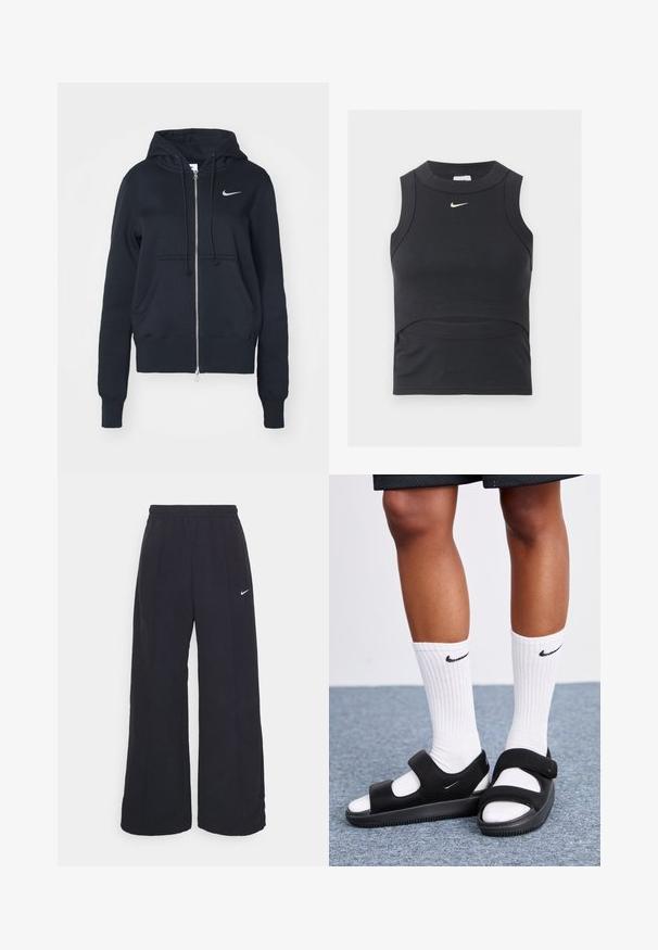 Mustat vetoketjuhupparit, jotka on valmistettu puuvillasta, sisältävät kiristettävän hupun, etutaskut ja pienen hopean värisen Nike-logon vasemmassa rinnassa.; Musta hihaton lyhyt urheilutoppi, jossa on ribbineulos ja valkoinen Nike swoosh -logo rinnassa.; Mustat leveät housut, joissa on joustava vyötärönauha ja pieni valkoinen Nike-logo. Kangas on sileä, suunniteltu mukavuutta ja rentoa käyttöä varten.; Musta jalkine avonaisella kärjellä, valmistettu sileästä materiaalista, jossa on säädettävät hihnat ja teksturoitu pohja. Valkoiset ribbineulotut sukat ovat käytössä.