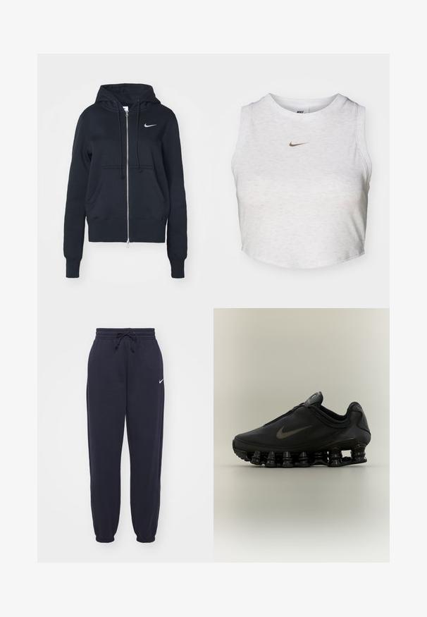 Sudadera con cremallera negra hecha de algodón, con capucha ajustable, bolsillos frontales y un pequeño logo plateado de Nike en el lado izquierdo del pecho.; Top corto blanco hecho de una tela suave y texturizada. Presenta un cuello redondo y un diseño sin mangas, con un pequeño logotipo dorado de Nike en la parte delantera.; Pantalones de chándal Nike en azul marino, hechos de un material suave. Cuenta con una cintura elástica con cordón y tobillos ajustados. Pequeño acento con el logo blanco.; Zapatilla negra Nike con parte superior con cremallera y suela distintiva segmentada en forma de resorte, mostrada de perfil sobre un fondo neutro.