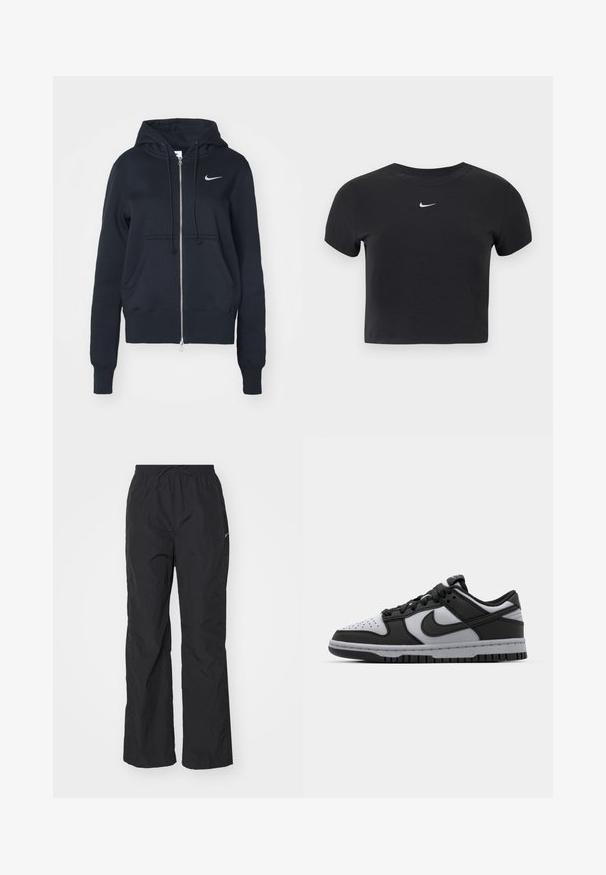 Čierna mikina na zips vyrobená z bavlny, so sťahovacou kapucňou, prednými vreckami a malým strieborným logom Nike na ľavej hrudi.; Čierne krátke tričko z bavlny s okrúhlym výstrihom a krátkymi rukávmi. Na hrudi výrazné biele logo Nike.; Čierne, ľahké nohavice s elastickým pásom a šnúrkou. Majú textúrovaný povrch a malú reflexnú nášivku na boku.; Čierne a šedé nízke tenisky Nike Dunk s perforovanou špičkou, hladkými koženými akcentmi a gumovou podrážkou so štruktúrovaným dezénom.