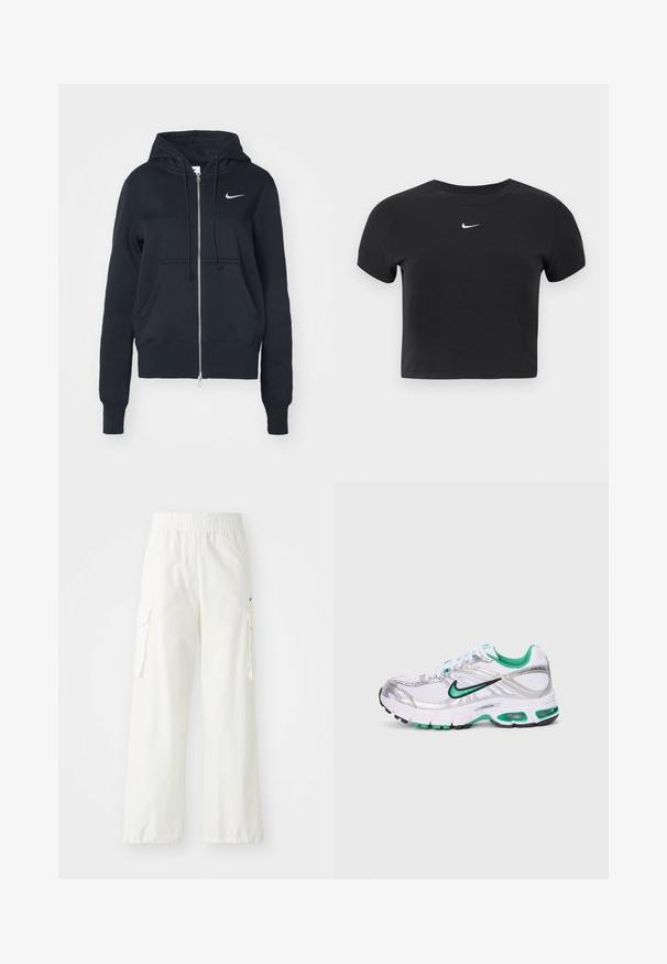 Sudadera con cremallera negra hecha de algodón, con capucha ajustable, bolsillos frontales y un pequeño logo plateado de Nike en el lado izquierdo del pecho.; Camiseta negra recortada de algodón, con cuello redondo y mangas cortas. Destaca el logo blanco de Nike en el pecho.; Pantalones cargo blancos con un diseño de pierna ancha, que cuentan con una cinturilla elástica y bolsillos laterales. Tejido texturizado con un acabado suave.; Zapatilla de running Nike en blanco, plata y verde. Presenta materiales de malla y sintéticos, cuello acolchado y suela acolchada con unidades de aire visibles.