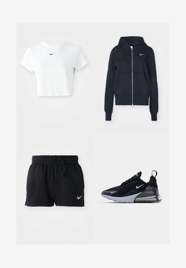 Schwarze Zip-Hoodie aus Baumwolle, ausgestattet mit einer verstellbaren Kapuze, Fronttaschen und einem kleinen silbernen Nike-Logo auf der linken Brust.; Weißes, kurz geschnittenes T-Shirt aus Baumwolle mit kurzen Ärmeln und rundem Ausschnitt, versehen mit einem schwarzen Nike-Logo auf der Brust.; Schwarze Sportshorts aus weichem Material, mit einem elastischen Bund und Kordelzug, Seitenschlitzen und einem kleinen weißen Logo am Saum.; Schwarzer sportlicher Sneaker mit einem Obermaterial aus Mesh, ausgestattet mit einem weißen Swoosh-Logo, einer sichtbaren Air-Einheit und einer strukturierten Außensohle. Akzente sind eine Zuglasche an der Rückseite.