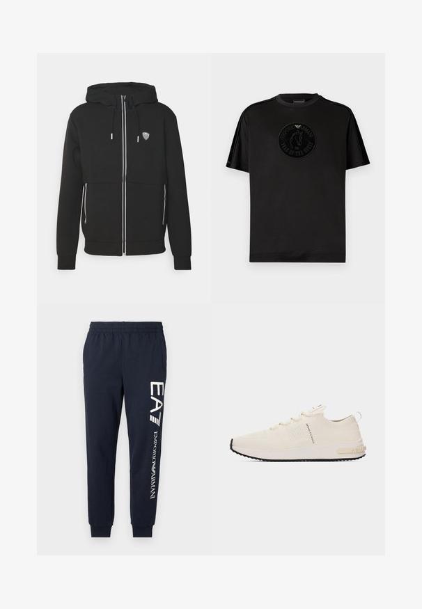 Musterniga kapuutsiga must dress, millel on esitõmbe lukuga, nööriga kapuuts ja valged triibud lukul. Rinnal on logo ja soonilised varrukanbid.; Must lühikeste varrukatega T-särk, valmistatud pehmest kangast, millel on ümmargune reljeefne logo hobuse ja tekstiga "Horse'i aasta 2026."; Tumedate sinised puuvillased dressipüksid, millel on elastne vöökoht, kitsenevad sääred ja kontrastsed valged EA7 ja Emporio Armani logod trükituna küljele.; Värvilt valge madala lõikega kudumspordijalats paelaeest kinnituse, musta tallaga ja "Armani Exchange" tekstiga külje- ja kandkirjal.