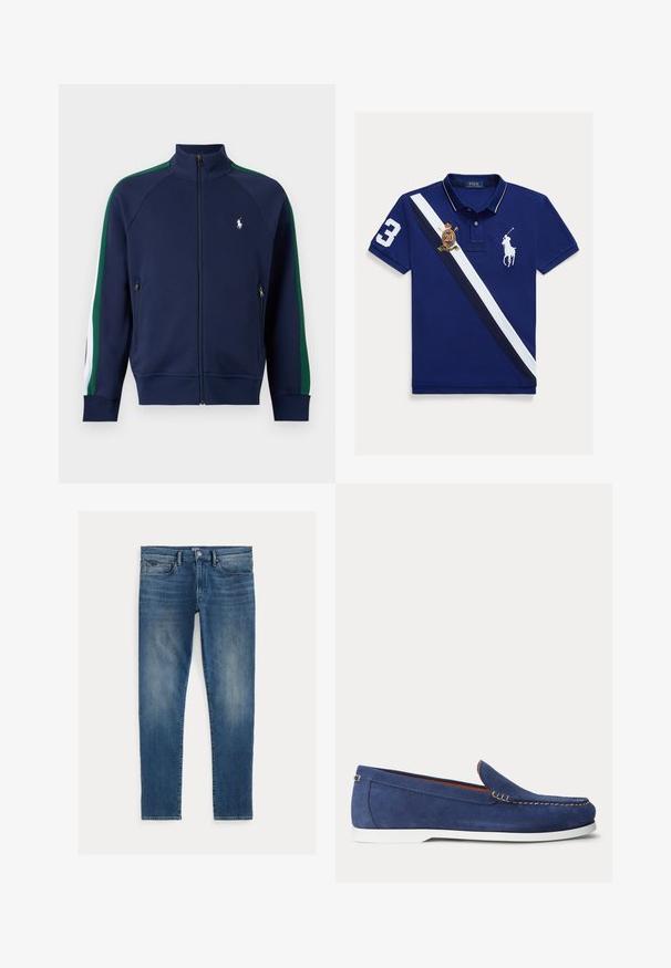 Marineblaue Trackjacke mit Reißverschluss und hohem Kragen, grün-weiße Streifen an den Ärmeln, Reißverschlusstaschen und kleinem weißem Logo auf der Brust.; Marineblaues Poloshirt mit weißem und marineblauem diagonalem Streifen, gesticktem Logo und der Zahl "3" in Weiß auf dem Ärmel. Klassisches Kragendesign.; Blaue Jeans aus Denim mit schmaler Passform, mit einem verblassten Effekt, fünf Taschen und einem Reißverschluss mit Knopfverschluss. Auffällige Steppnähte.; Blauer Wildleder-Slipper mit weißer Sohle und beiger Naht am oberen Rand, dargestellt vor einem schlichten weißen Hintergrund.