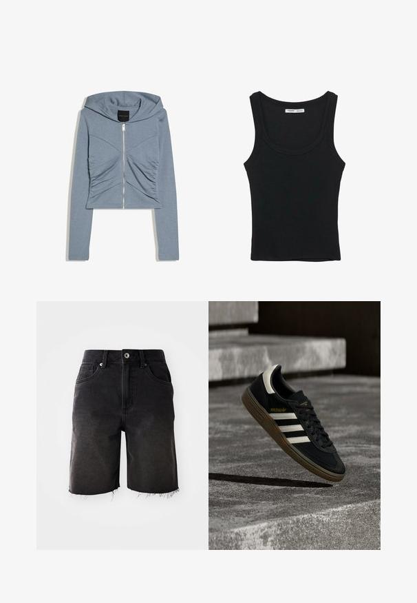 Lyseblå cropped hættetrøje med lange ærmer, lynlås foran, hætte og rynkede stofdetaljer på brystet.; Sort ribbet ærmeløs tanktop med rund halsudskæring og lige kant, etiket på indersiden bag på nakken.; Sorte denimshorts med en falmet vask, frynset kant, klassisk fem-lommer design og enkelt knaplukning. Tykke syninger som accentuerer hele shortsene.; Sort Adidas-sneaker med hvide striber og gummisåler, svævende over grå betontrapper i naturligt lys.