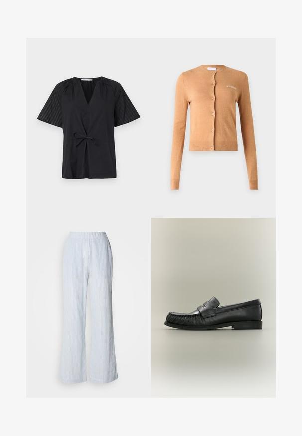 Cárdigan color caramelo, diseño abotonado, mangas largas, puños y dobladillo acanalados, textura suave, presenta "2ND DAY" bordado en el pecho.; Camiseta negra con escote en V, manga corta y cintura con lazo. Presenta una tela texturizada y con estampado en las mangas y un cuerpo suave.; Pantalones de pierna ancha de color azul claro con rayas verticales en blanco y rojo. Cuenta con una cintura elástica y bolsillos laterales. Textura suave parecida al algodón.; Mocasín penny de cuero negro con detalle fruncido en la puntera y tacón bajo apilado, visto de lado sobre un fondo neutro.