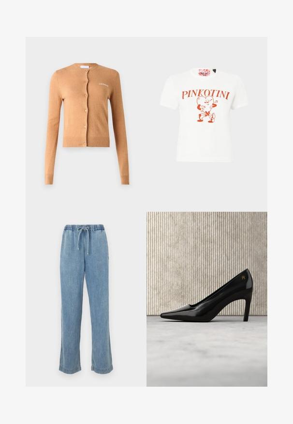 Karamelkleurige cardigan, knoopsluiting, lange mouwen, ribgebreide manchetten en onderrand, zachte textuur, met "2ND DAY" geborduurd op de borst.; Witte korte mouw shirt met rode tekst "PINKOTINI" en een dansend hartfiguurtje dat een cocktailglas vasthoudt met muzieksnoten.; Lichtblauwe denim broek met een elastische tailleband, trekkoord en opgerolde manchetten. Recht gesneden ontwerp met een casual pasvorm.; Zwarte pumps met spits toelopende neus en hoge hak, voorzien van een gouden logodetail, rechtop geplaatst op een reflecterend oppervlak naast een metalen ordnerhouder.