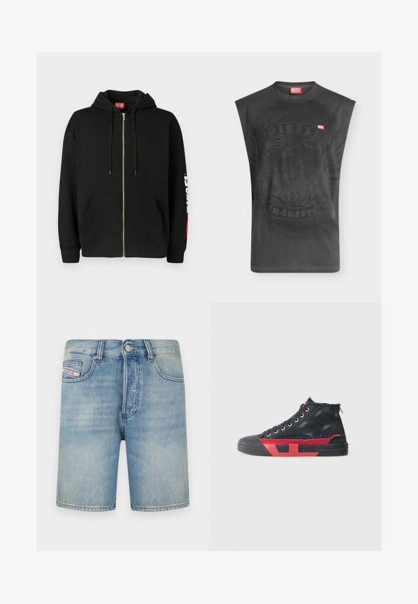 Μαύρο hoodie με φερμουάρ και μπροστινές τσέπες, κορδόνια στην κουκούλα και λευκό λογότυπο "DIESEL" στο αριστερό μανίκι, καθώς και κόκκινη ετικέτα μέσα στον γιακά.; Μαύρο αμάνικο t-shirt Diesel με διακριτικό σχέδιο αετού και μικρό κόκκινο λογότυπο Diesel στο στήθος.; Ανοιχτό μπλε τζιν σορτς με ευθεία γραμμή, πέντε τσέπες και κλείσιμο με κουμπί. Ορατές ραφές και ελαφριά ξεθώριασμα σε όλο το ύφασμα.; Μαύρο ψηλό αθλητικό παπούτσι με κόκκινες λεπτομέρειες και φθαρμένη επιφάνεια. Διαθέτει υφασμάτινο επάνω μέρος με υφή και λάστιχο σόλα με κομμένη σχεδίαση.