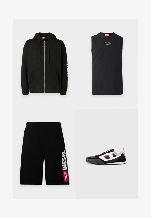 Haut à capuche noir zippé avec poches avant, cordons de serrage sur la capuche, et logo "DIESEL" blanc sur la manche gauche, avec une étiquette rouge à l'intérieur du col.; T-shirt sans manches noir en coton, avec un col rond et un logo argenté sur la poitrine. Design simple et uni sans motifs.; Shorts en coton noir avec une taille élastique, dotés de poches latérales et d'un logo DIESEL blanc et rouge audacieux sur la jambe gauche.; Diesel S PAGODHA LOW - Baskets basses - black
