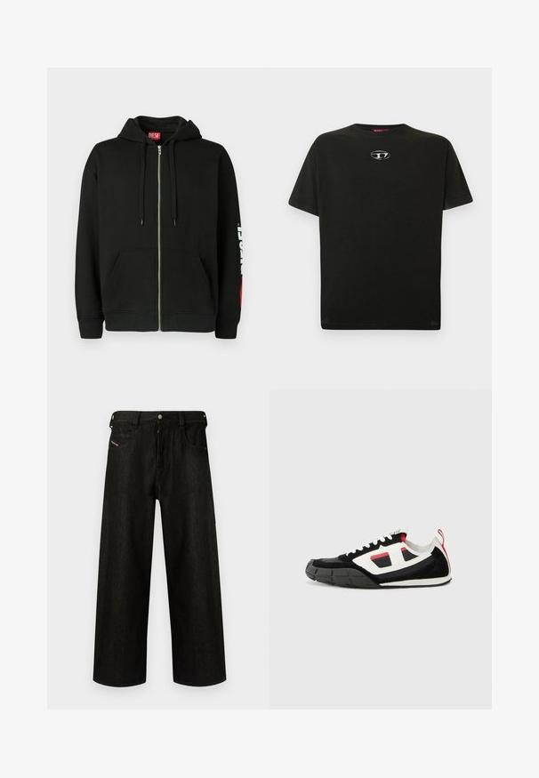 Haut à capuche noir zippé avec poches avant, cordons de serrage sur la capuche, et logo "DIESEL" blanc sur la manche gauche, avec une étiquette rouge à l'intérieur du col.; T-shirt en coton noir à manches courtes, col rond, avec un petit logo métallique sur la poitrine. Texture lisse et coupe droite.; Jean noir à jambes larges en denim, présentant une fermeture éclair, cinq poches et un branding discret sur la poche avant. Tissu durable et texturé.; Diesel S PAGODHA LOW - Baskets basses - black