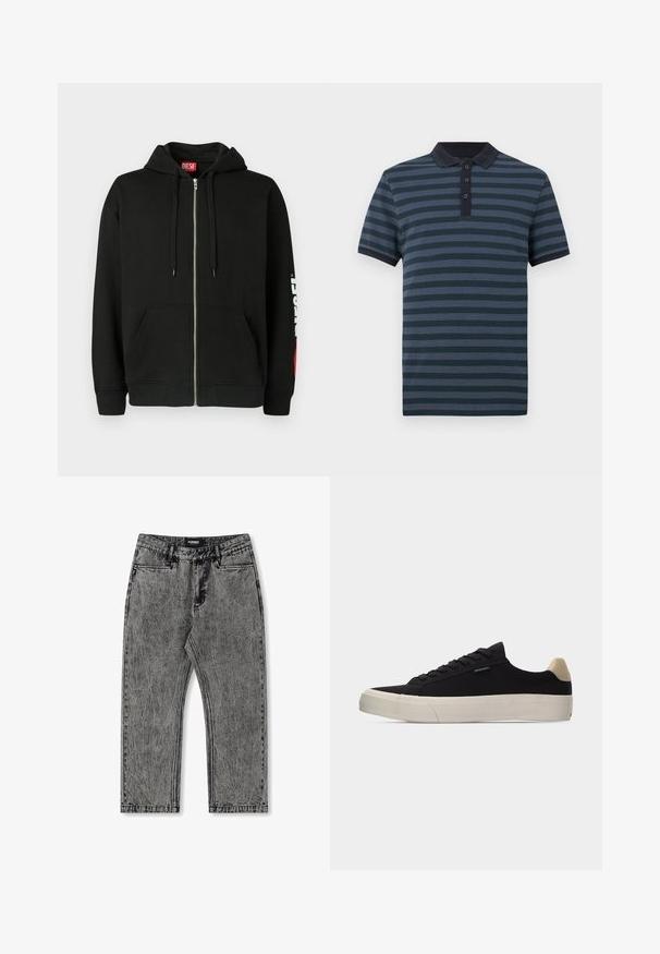 Sudadera con cremallera negra, con bolsillos frontales, cordones en la capucha y logo blanco "DIESEL" en la manga izquierda y etiqueta roja en el interior del cuello.; Polo azul marino con rayas horizontales en azul oscuro, mangas cortas y tapeta de tres botones. Detalles de cuello y puños acanalados.; Jeans de mezclilla gris con un acabado desgastado, diseño de pierna recta y estilo de cinco bolsillos. Presenta una etiqueta con "FORMER" en la cinturilla.; Zapatilla negra de corte bajo con pestaña de talón beige, suela gruesa de goma blanca, cordones negros y pequeña etiqueta "PS Paul Smith" en el lateral.