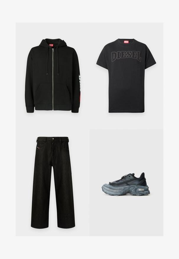 Haut à capuche noir zippé avec poches avant, cordons de serrage sur la capuche, et logo "DIESEL" blanc sur la manche gauche, avec une étiquette rouge à l'intérieur du col.; T-shirt noir à manches courtes avec texte "DIESEL" courbé et cousu sur la poitrine, et étiquette rouge à l'intérieur du col.; Jean noir à jambes larges en denim, présentant une fermeture éclair, cinq poches et un branding discret sur la poche avant. Tissu durable et texturé.; Baskets Diesel noires et grises avec semelle épaisse, système de laçage à bascule et design texturé sur fond gris clair uni.