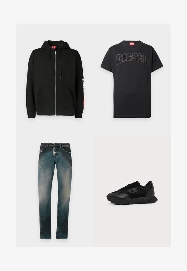 Haut à capuche noir zippé avec poches avant, cordons de serrage sur la capuche, et logo "DIESEL" blanc sur la manche gauche, avec une étiquette rouge à l'intérieur du col.; T-shirt noir à manches courtes avec texte "DIESEL" courbé et cousu sur la poitrine, et étiquette rouge à l'intérieur du col.; Jeans en denim slim-fit bleu délavé avec un léger effet usé et des détails de moustaches, présentant des poches avant et arrière ainsi que des passants de ceinture.; Baskets basses noires avec semelle texturée, dessus en mesh et cuir, fermeture à lacets devant, et petit logo embossé sur le panneau latéral.
