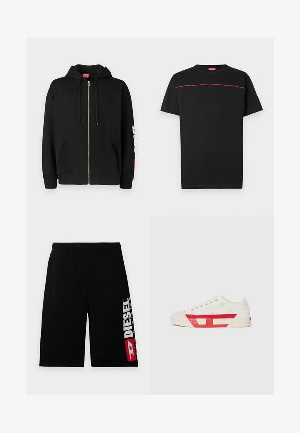 Μαύρο hoodie με φερμουάρ και μπροστινές τσέπες, κορδόνια στην κουκούλα και λευκό λογότυπο "DIESEL" στο αριστερό μανίκι, καθώς και κόκκινη ετικέτα μέσα στον γιακά.; Μαύρο βαμβακερό T-shirt με στρογγυλή λαιμόκοψη, κοντά μανίκια και κόκκινη διακοσμητική γραμμή στο στήθος. Κεντημένο λογότυπο στο εμπρόσθιο μέρος.; Μαύρο βαμβακερό σορτς με ελαστική μέση, με πλαϊνές τσέπες και το έντονο λογότυπο DIESEL σε λευκό και κόκκινο στο αριστερό πόδι.; Καμβαδένια αθλητικά παπούτσια με λευκό επάνω μέρος, κόκκινες ελαστικές λεπτομέρειες και υφή. Διαθέτουν στρογγυλή μύτη και πέντε οπές για κορδόνια.