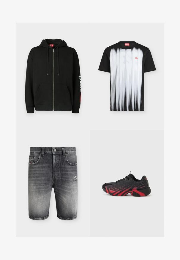 Μαύρο hoodie με φερμουάρ και μπροστινές τσέπες, κορδόνια στην κουκούλα και λευκό λογότυπο "DIESEL" στο αριστερό μανίκι, καθώς και κόκκινη ετικέτα μέσα στον γιακά.; Μαύρο κοντομάνικο T-shirt Diesel με λευκές κάθετες ρίγες και ένα θολό μεγάλο λογότυπο Diesel μπροστά, καθώς και μια μικρή κόκκινη ετικέτα Diesel στο στήθος.; Ξεθωριασμένο μαύρο τζιν σορτς με εμπρόσθιες τσέπες, θηλιές για ζώνη, κούμπωμα με κουμπί και μικρή φθαρμένη λεπτομέρεια στο δεξί μηρό.; Μαύρο και κόκκινο αθλητικό παπούτσι με υφή στο πάνω μέρος με λεπτομέρειες σχεδίου, κλείσιμο με κορδόνια και παχύ λάστιχο στη σόλα.