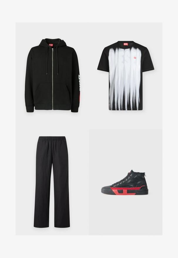 Μαύρο hoodie με φερμουάρ και μπροστινές τσέπες, κορδόνια στην κουκούλα και λευκό λογότυπο "DIESEL" στο αριστερό μανίκι, καθώς και κόκκινη ετικέτα μέσα στον γιακά.; Μαύρο κοντομάνικο T-shirt Diesel με λευκές κάθετες ρίγες και ένα θολό μεγάλο λογότυπο Diesel μπροστά, καθώς και μια μικρή κόκκινη ετικέτα Diesel στο στήθος.; Μαύρο παντελόνι χαλαρής εφαρμογής με ελαστική μέση και πλαϊνές τσέπες, εμφανιζόμενο πάνω σε απλό ανοιχτό φόντο.; Μαύρο ψηλό αθλητικό παπούτσι με κόκκινες λεπτομέρειες και φθαρμένη επιφάνεια. Διαθέτει υφασμάτινο επάνω μέρος με υφή και λάστιχο σόλα με κομμένη σχεδίαση.
