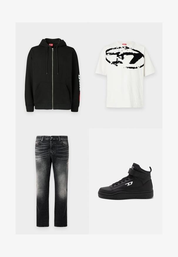 Schwarze Zip-Hoodie mit Fronttaschen, Kordelzügen an der Kapuze und weißem "DIESEL"-Logo auf dem linken Ärmel sowie rotem Etikett im Kragen.; Weißes Baumwoll-T-Shirt mit einem großen schwarzen Grafiklogo auf der Vorderseite. Das Design umfasst abstrakte Formen und Texturen. Kurze Ärmel.; Schwarze Jeans mit einem verblassten Finish und verwaschenen Akzenten, klassisches Fünf-Taschen-Design und Reißverschluss. Hergestellt aus Denim-Stoff.; Schwarze High-Top-Sneaker aus strukturiertem Leder, mit durchbrochenen Akzenten, verstellbarem Riemen und weißem Logo an der Seite. Gummisohle und gepolsterter Kragen.